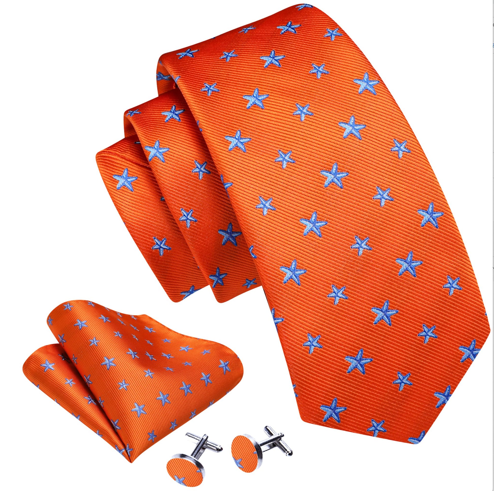 Orange Blue Star Silk Tie Pocket Square Cufflinks Set - N - 6510 - SimonVon Shop