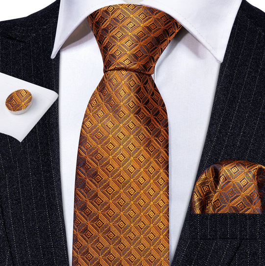 ORANGE BROWN PLAID TIE POCKET SQUARE CUFFLINKS SET - N - 6269 - SimonVon Shop