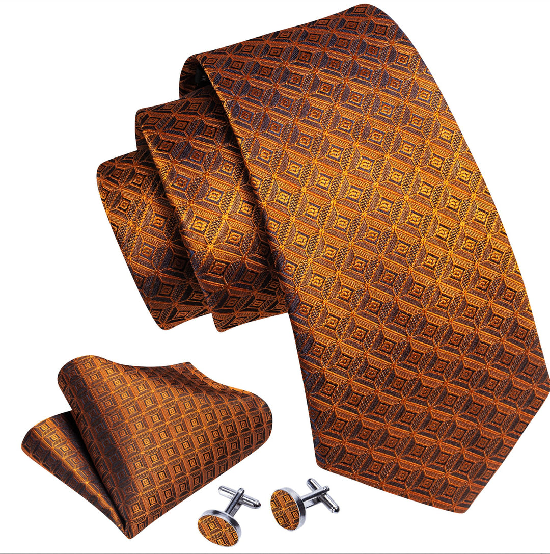 ORANGE BROWN PLAID TIE POCKET SQUARE CUFFLINKS SET - N - 6269 - SimonVon Shop