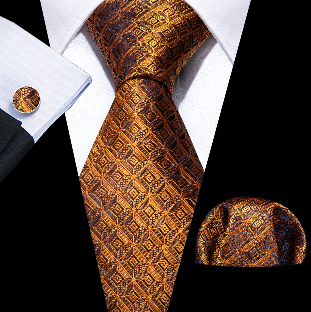 ORANGE BROWN PLAID TIE POCKET SQUARE CUFFLINKS SET - N - 6269 - SimonVon Shop