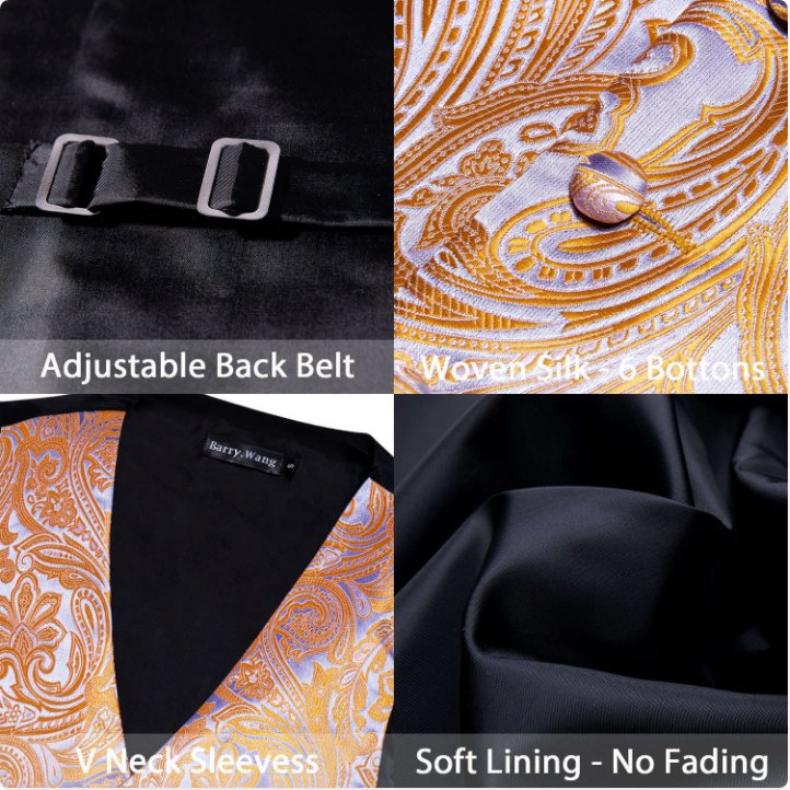 Orange Grey Paisley Waistcoat and Necktie Pocket Square Cufflink Vest Set - MJ - 2062 - SimonVon Shop