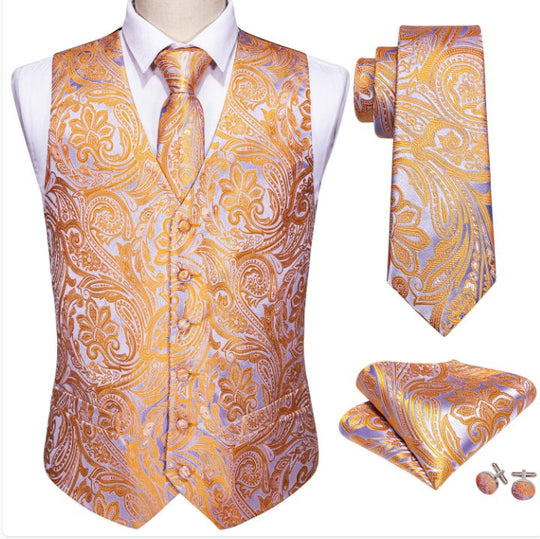 Orange Grey Paisley Waistcoat and Necktie Pocket Square Cufflink Vest Set - MJ - 2062 - SimonVon Shop