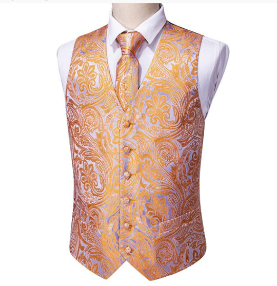 Orange Grey Paisley Waistcoat and Necktie Pocket Square Cufflink Vest Set - MJ - 2062 - SimonVon Shop