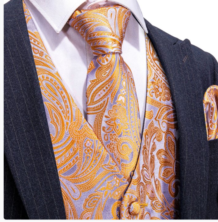 Orange Grey Paisley Waistcoat and Necktie Pocket Square Cufflink Vest Set - MJ - 2062 - SimonVon Shop