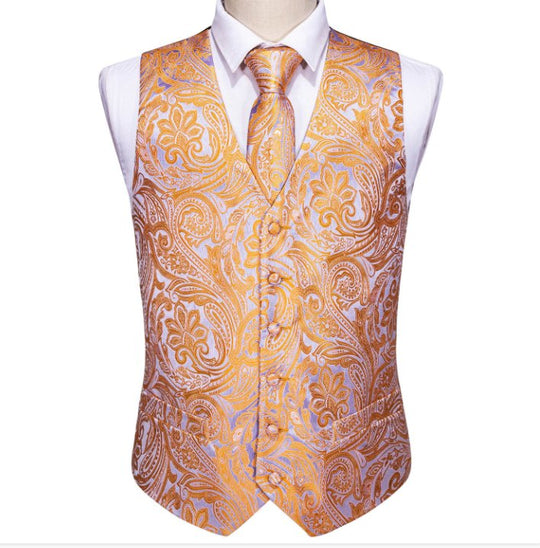 Orange Grey Paisley Waistcoat and Necktie Pocket Square Cufflink Vest Set - MJ - 2062 - SimonVon Shop