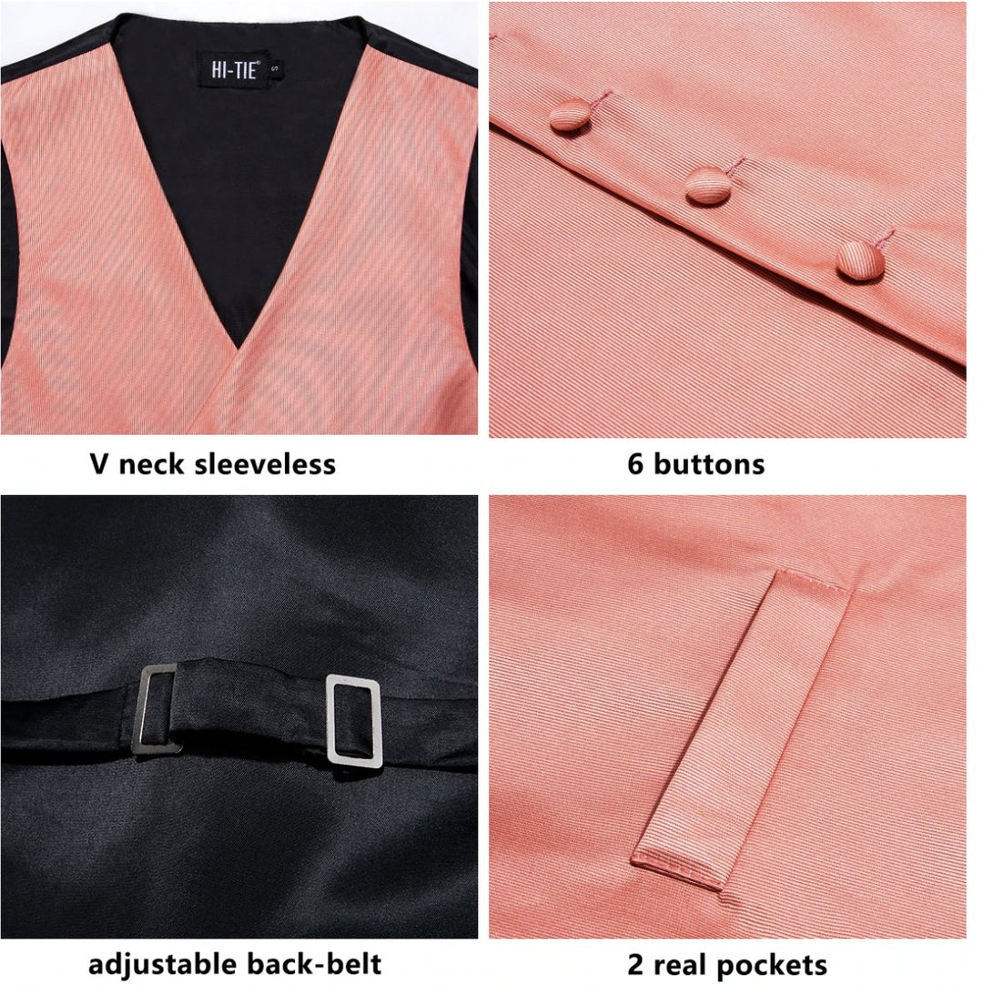 Orange - Pink 4 PC Paisley Silk Waistcoat and Necktie Pocket Square Cufflink Vest Set - MJ - 0029 - SimonVon Shop