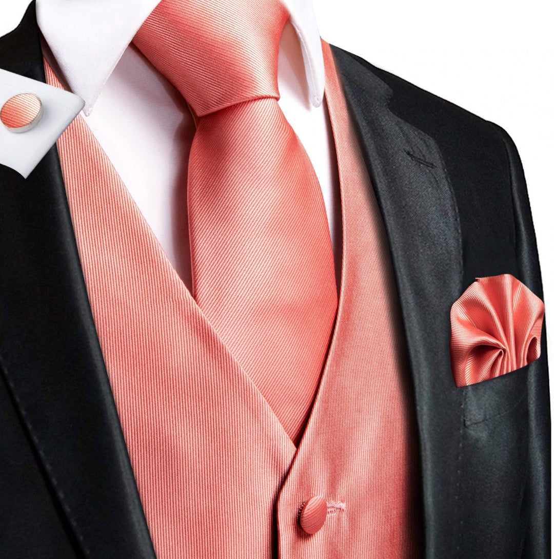 Orange - Pink 4 PC Paisley Silk Waistcoat and Necktie Pocket Square Cufflink Vest Set - MJ - 0029 - SimonVon Shop