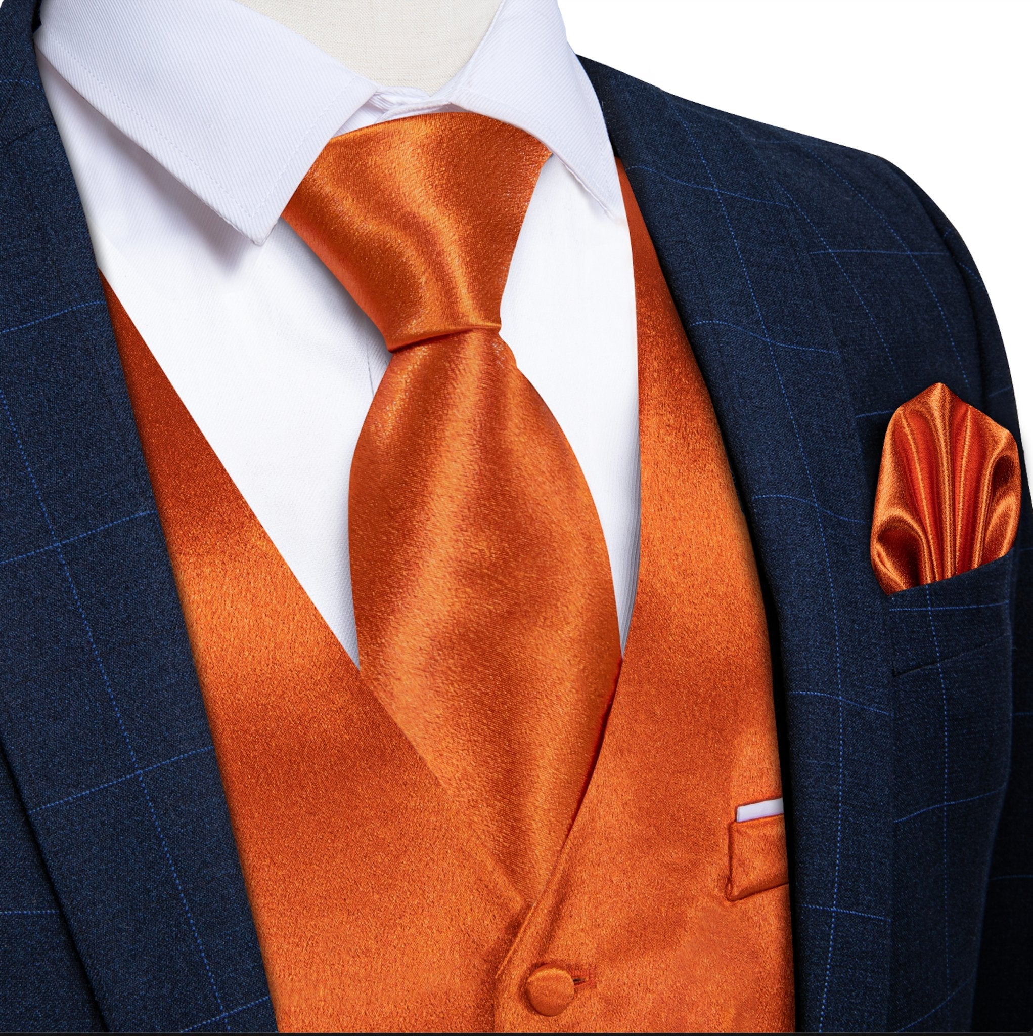 Orange Solid Satin Waistcoat Vest Tie Handkerchief Cufflinks Set- MJ-0629 - SimonVon Shop