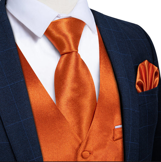 Orange Solid Satin Waistcoat Vest Tie Handkerchief Cufflinks Set - MJ - 0629 - SimonVon Shop