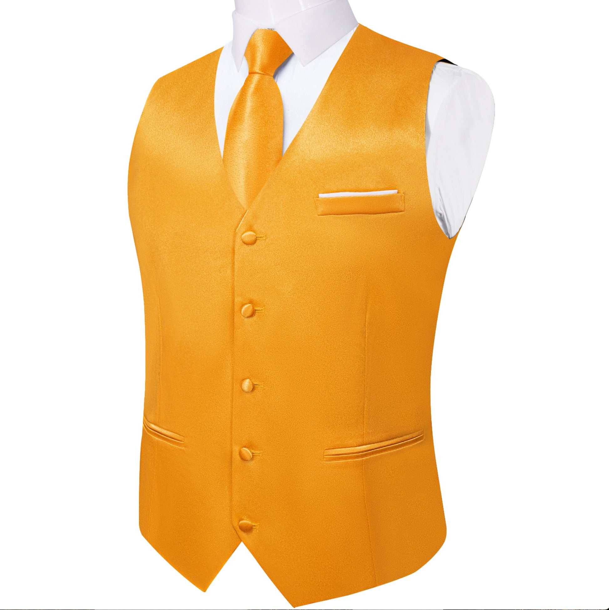 Orange Solid Satin Waistcoat Vest Tie Handkerchief Cufflinks Set - MJ - 0649 - SimonVon Shop