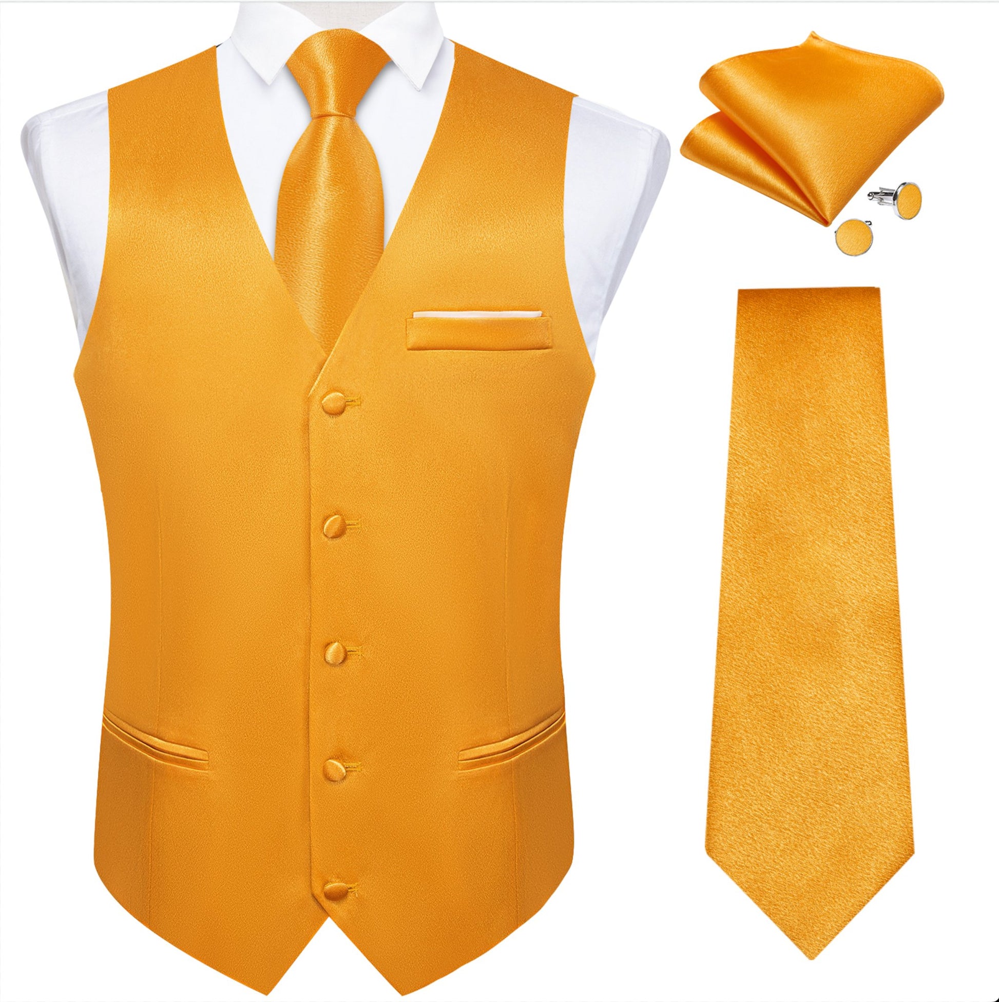 Orange Solid Satin Waistcoat Vest Tie Handkerchief Cufflinks Set - MJ - 0649 - SimonVon Shop