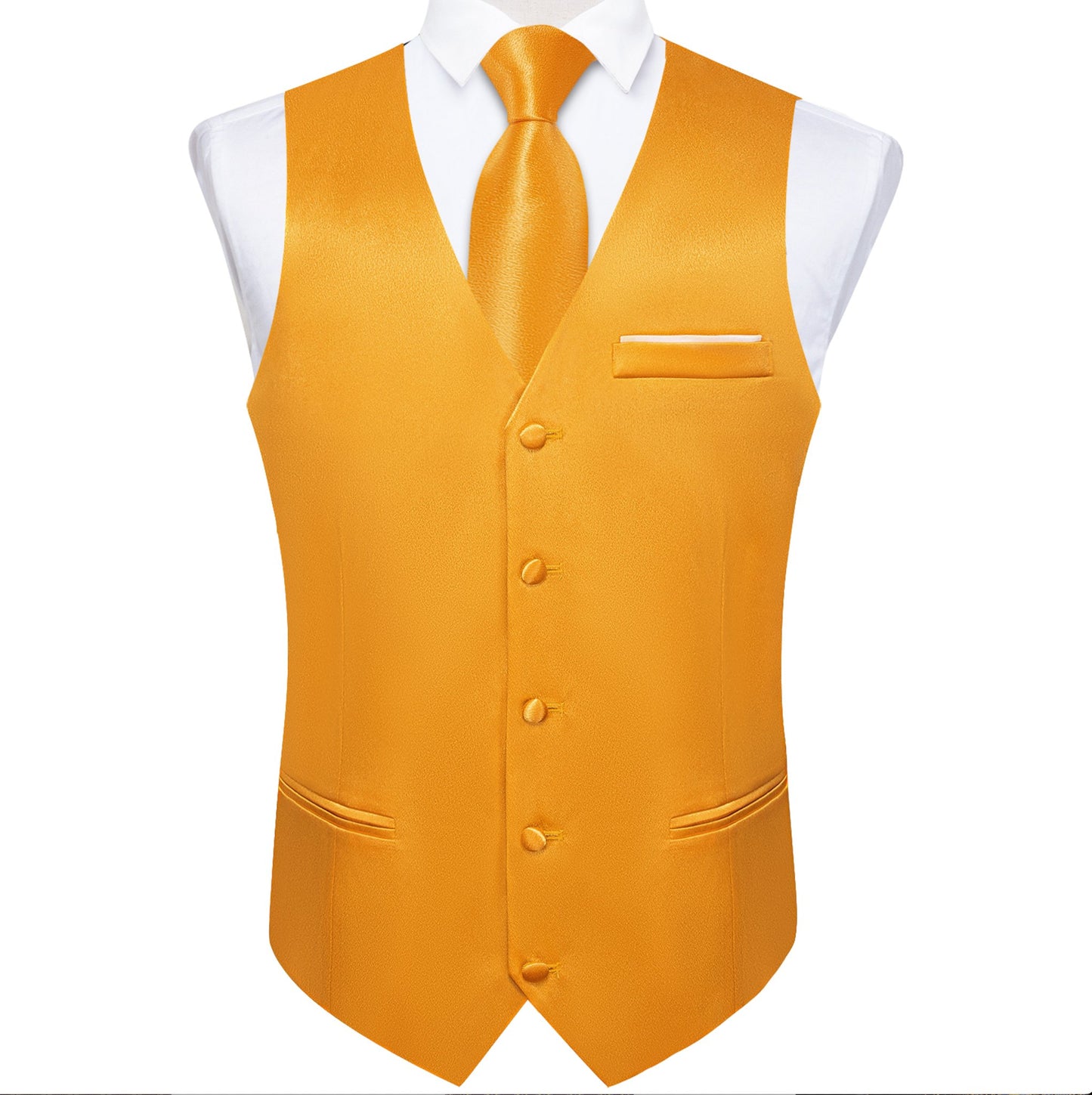 Orange Solid Satin Waistcoat Vest Tie Handkerchief Cufflinks Set - MJ - 0649 - SimonVon Shop