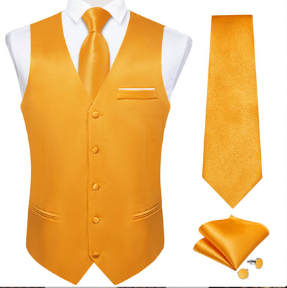 Orange Solid Satin Waistcoat Vest Tie Handkerchief Cufflinks Set - MJ - 0649 - SimonVon Shop