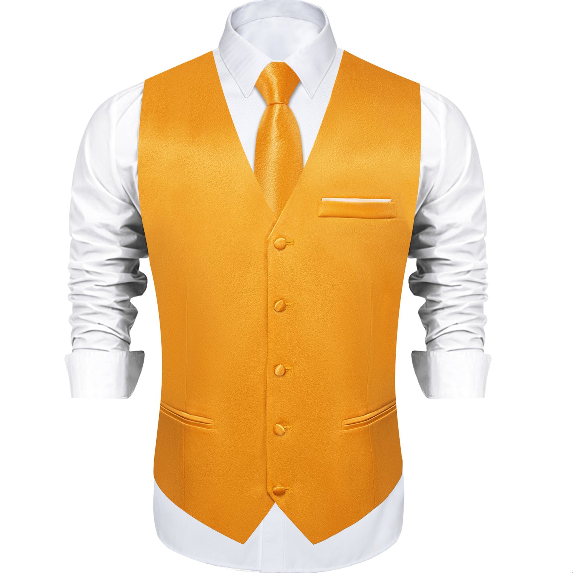 Orange Solid Satin Waistcoat Vest Tie Handkerchief Cufflinks Set - MJ - 0649 - SimonVon Shop