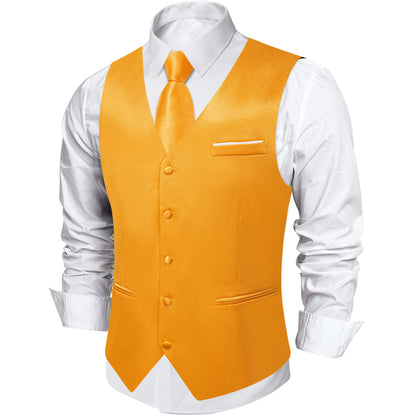 Orange Solid Satin Waistcoat Vest Tie Handkerchief Cufflinks Set - MJ - 0649 - SimonVon Shop