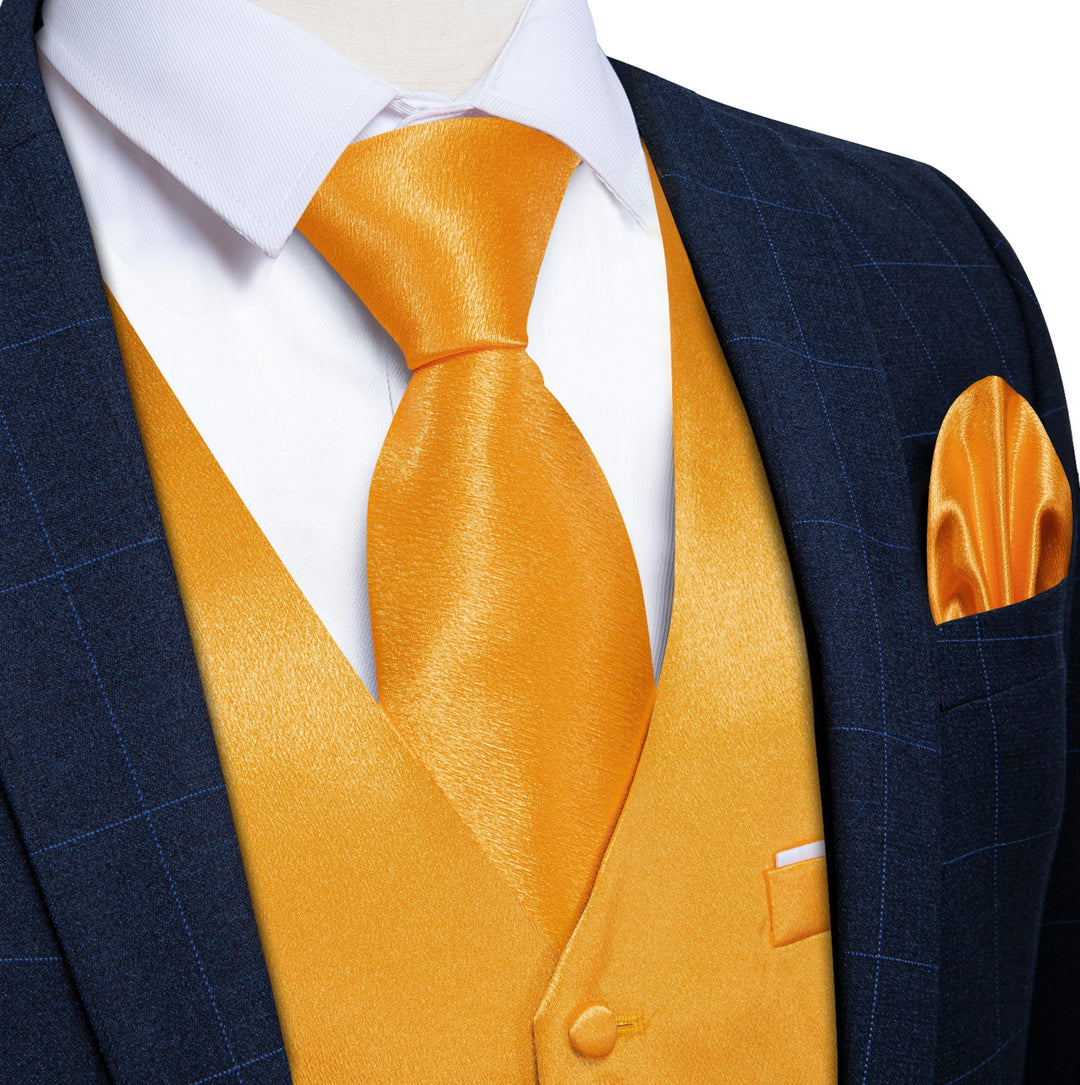 Orange Solid Satin Waistcoat Vest Tie Handkerchief Cufflinks Set - MJ - 0649 - SimonVon Shop