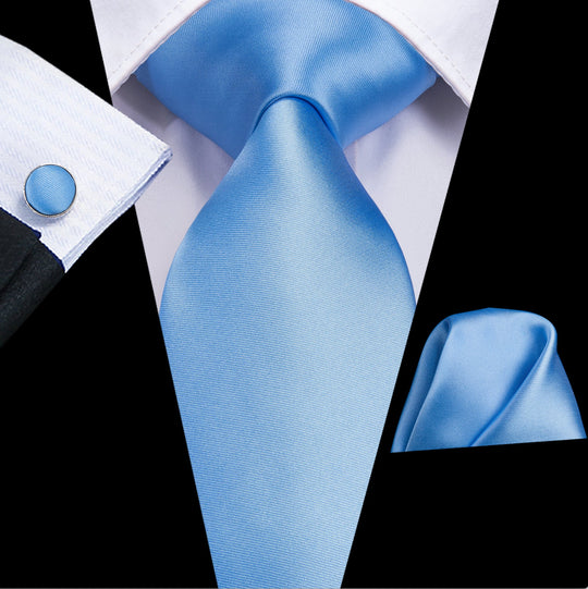 Pale Blue Solid Silk Tie Handkerchief Cufflinks Set - N - 3141 - SimonVon Shop