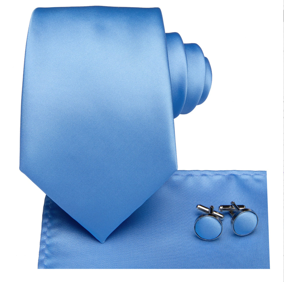 Pale Blue Solid Silk Tie Handkerchief Cufflinks Set - N - 3141 - SimonVon Shop