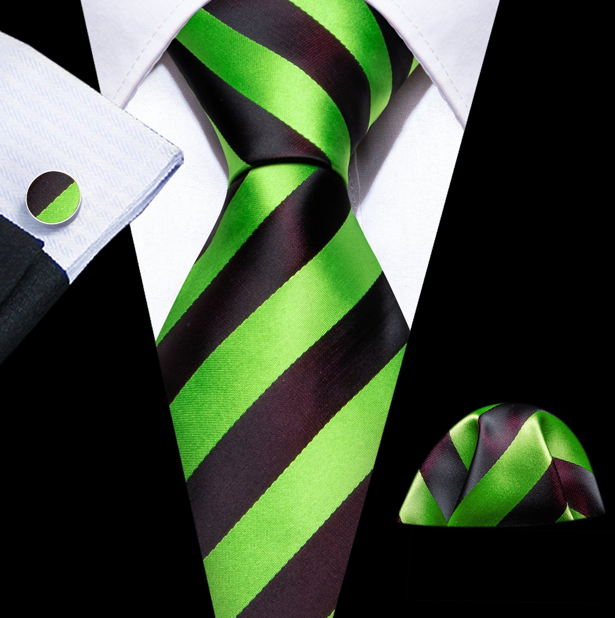 Pea Green Black Striped Silk Tie Handkerchief Cufflinks Set- N-6093 - SimonVon Shop