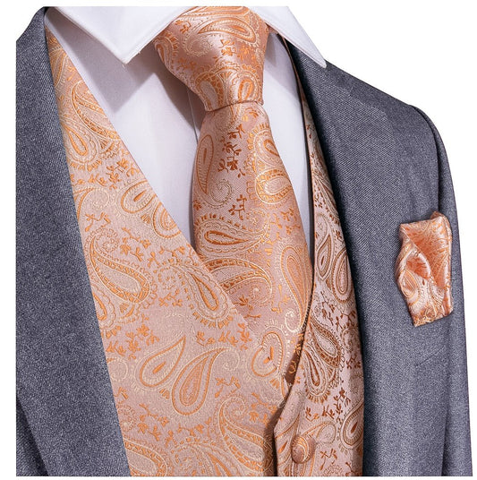 Peach Paisley Waistcoat and Necktie Pocket Square Cufflink Vest Set - MJ - 0108 - SimonVon Shop