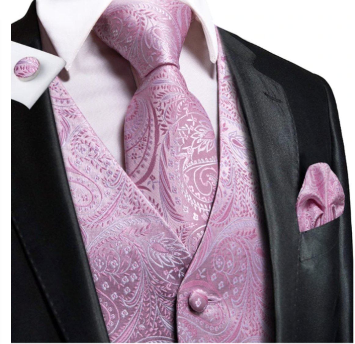 Pink Paisley Jacquard Silk Men's 4pc Waistcoat Vest Necktie Pocket Square Cufflinks Set- MJ-0026 - SimonVon Shop