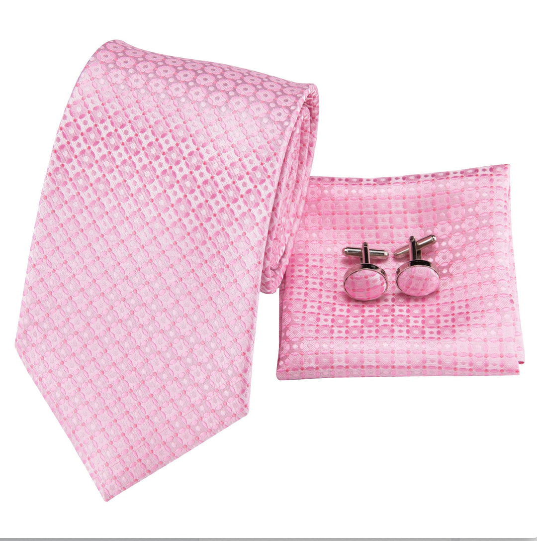 Pink Plaid Men's Tie Pocket Square Cufflinks Set - N - 3117 - SimonVon Shop
