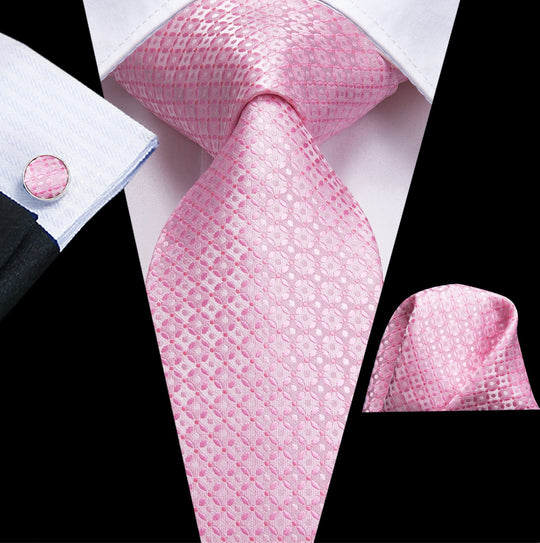 Pink Plaid Men's Tie Pocket Square Cufflinks Set - N - 3117 - SimonVon Shop