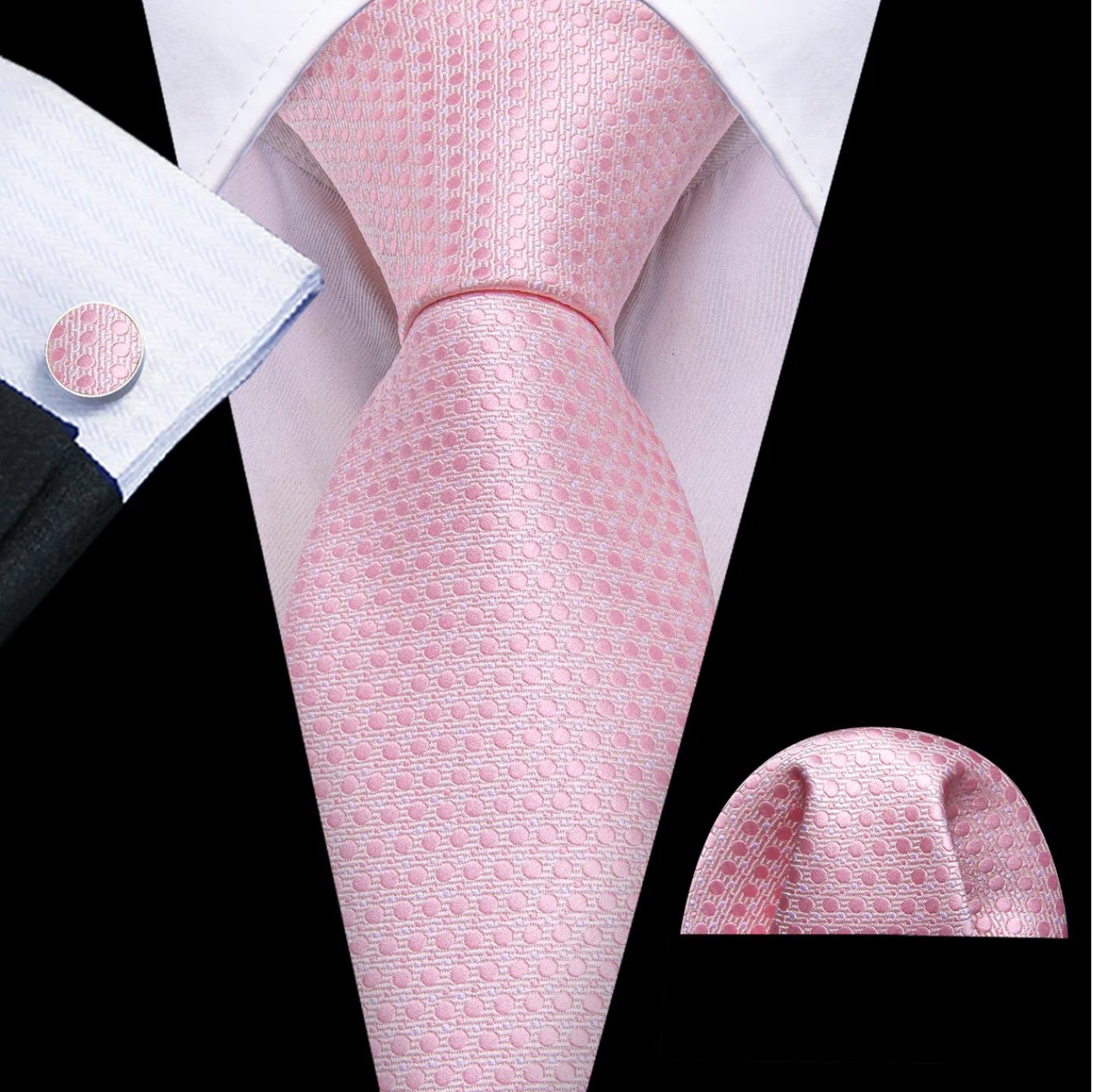 Pink Polka Dot Silk Necktie Pocket Square Cufflinks Set-N-6493 - SimonVon Shop