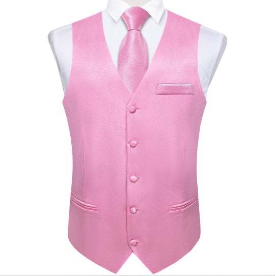 Pink Solid Satin Waistcoat Vest Tie Handkerchief Cufflinks Set - MJ - 0643 - SimonVon Shop