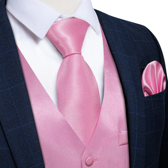 Pink Solid Satin Waistcoat Vest Tie Handkerchief Cufflinks Set - MJ - 0643 - SimonVon Shop