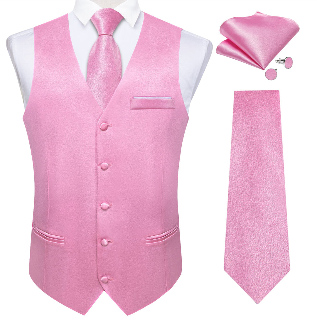 Pink Solid Satin Waistcoat Vest Tie Handkerchief Cufflinks Set - MJ - 0643 - SimonVon Shop