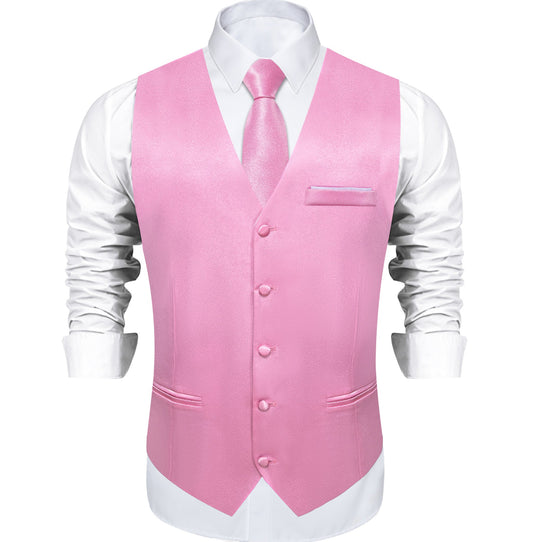 Pink Solid Satin Waistcoat Vest Tie Handkerchief Cufflinks Set - MJ - 0643 - SimonVon Shop