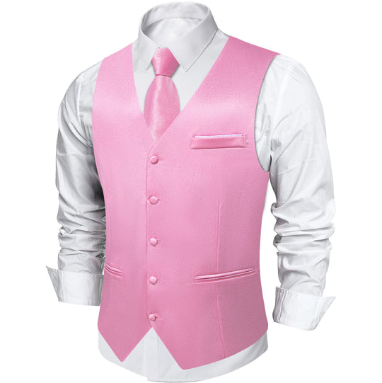 Pink Solid Satin Waistcoat Vest Tie Handkerchief Cufflinks Set - MJ - 0643 - SimonVon Shop