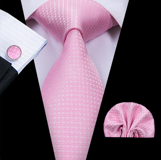 Pink Solid Silk Men's Tie Pocket Square Cufflinks Set - N - 3032 - SimonVon Shop