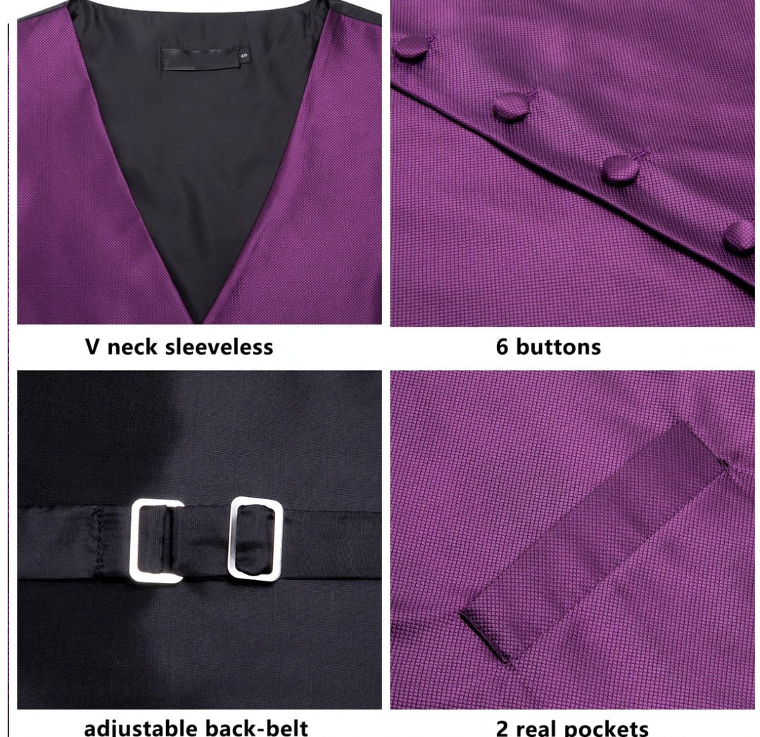 Plum Purple Plaid Silk Paisley Men's 4pc Waistcoat Vest Necktie Pocket Square Cufflinks Set - MJ - 2031 - SimonVon Shop