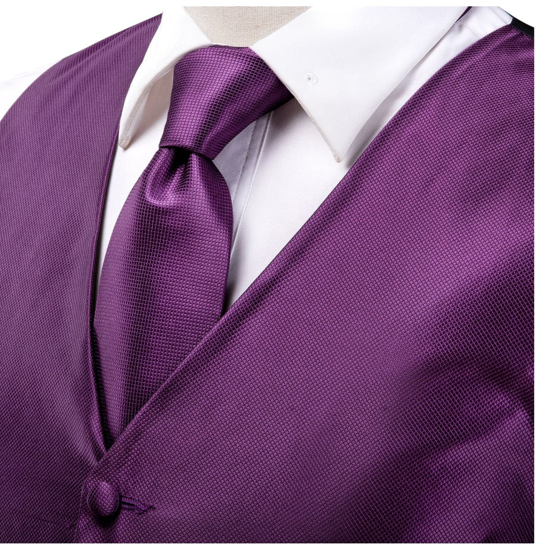 Plum Purple Plaid Silk Paisley Men's 4pc Waistcoat Vest Necktie Pocket Square Cufflinks Set - MJ - 2031 - SimonVon Shop