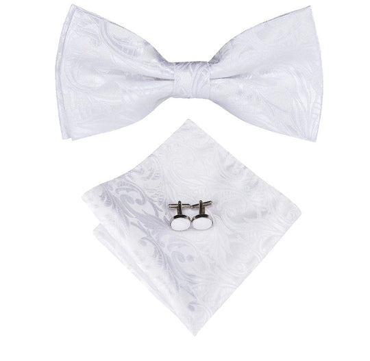 Pure White Paisley Silk Bow Tie Pocket Square Cufflinks Set - LH - 7034 - SimonVon Shop