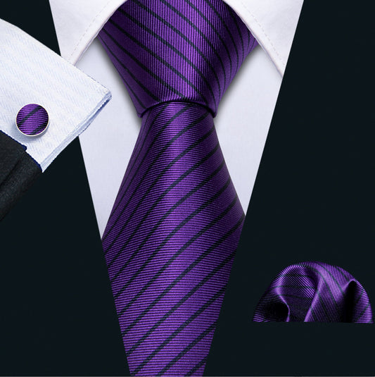 Purple and Black Stripe Tie Hanky Cufflinks Set - N5239 - SimonVon Shop