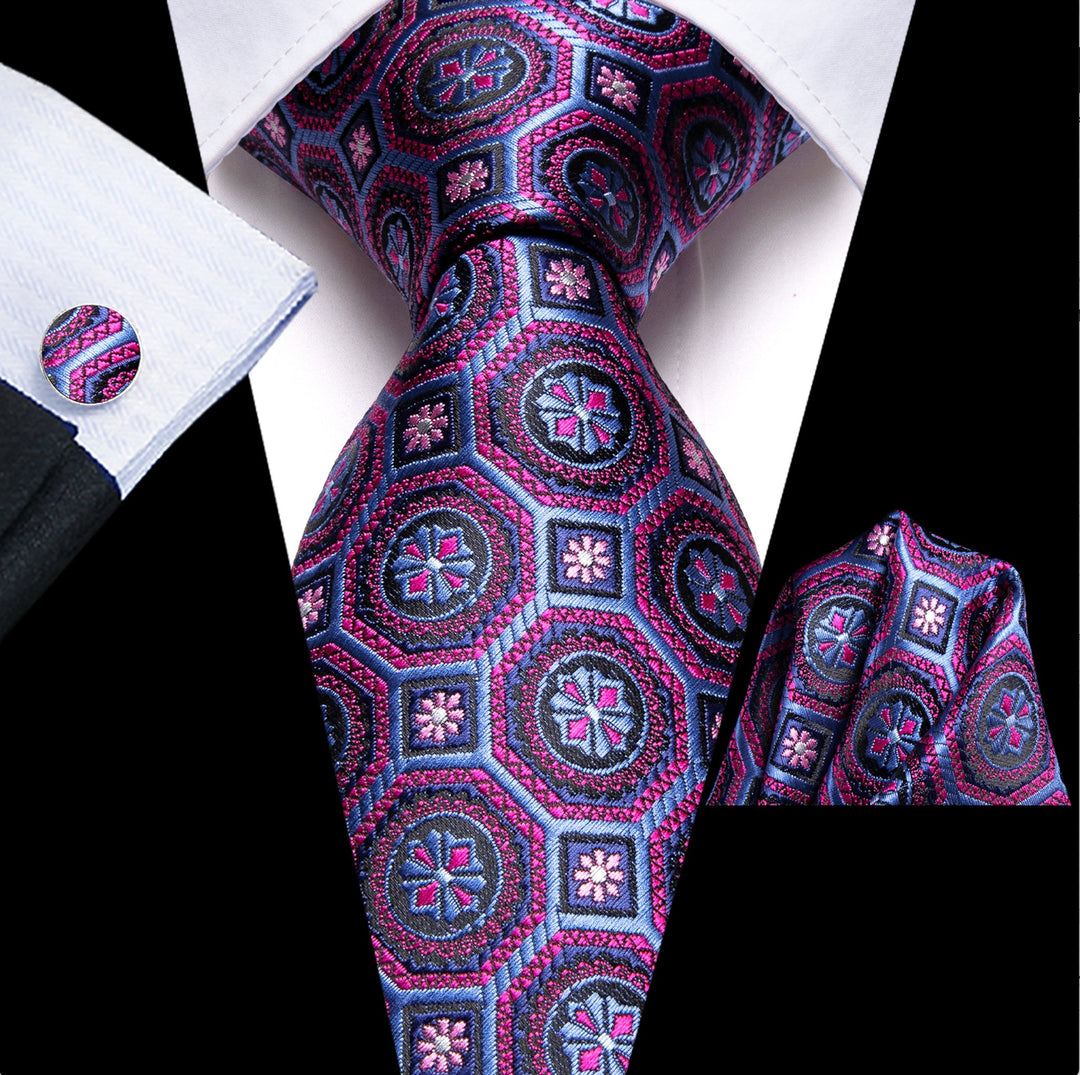 Purple Blue Plaid Silk Tie Handkerchief Cufflinks Set - N - 3438 - SimonVon Shop