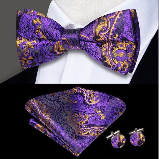 Purple Gold Silk Bowtie Pocket Square Cufflinks Set - LH - 0584 - SimonVon Shop