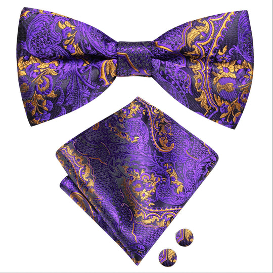 Purple Gold Silk Bowtie Pocket Square Cufflinks Set - LH - 0584 - SimonVon Shop