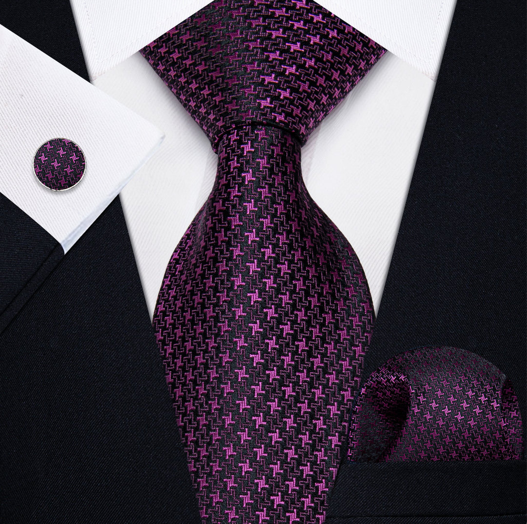 Purple Houndstooth Tie Handkerchief Cufflinks Set - N - 9544 - SimonVon Shop