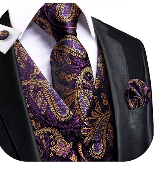 Purple Paisley Waistcoat and Necktie Pocket Square Cufflink Vest Set - MJ - 0016 - SimonVon Shop