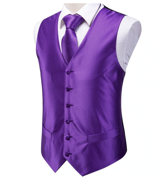 Purple Plaid Silk Paisley Men's 4pc Waistcoat Vest Necktie Pocket Square Cufflinks Set - MJ - 2032 - SimonVon Shop