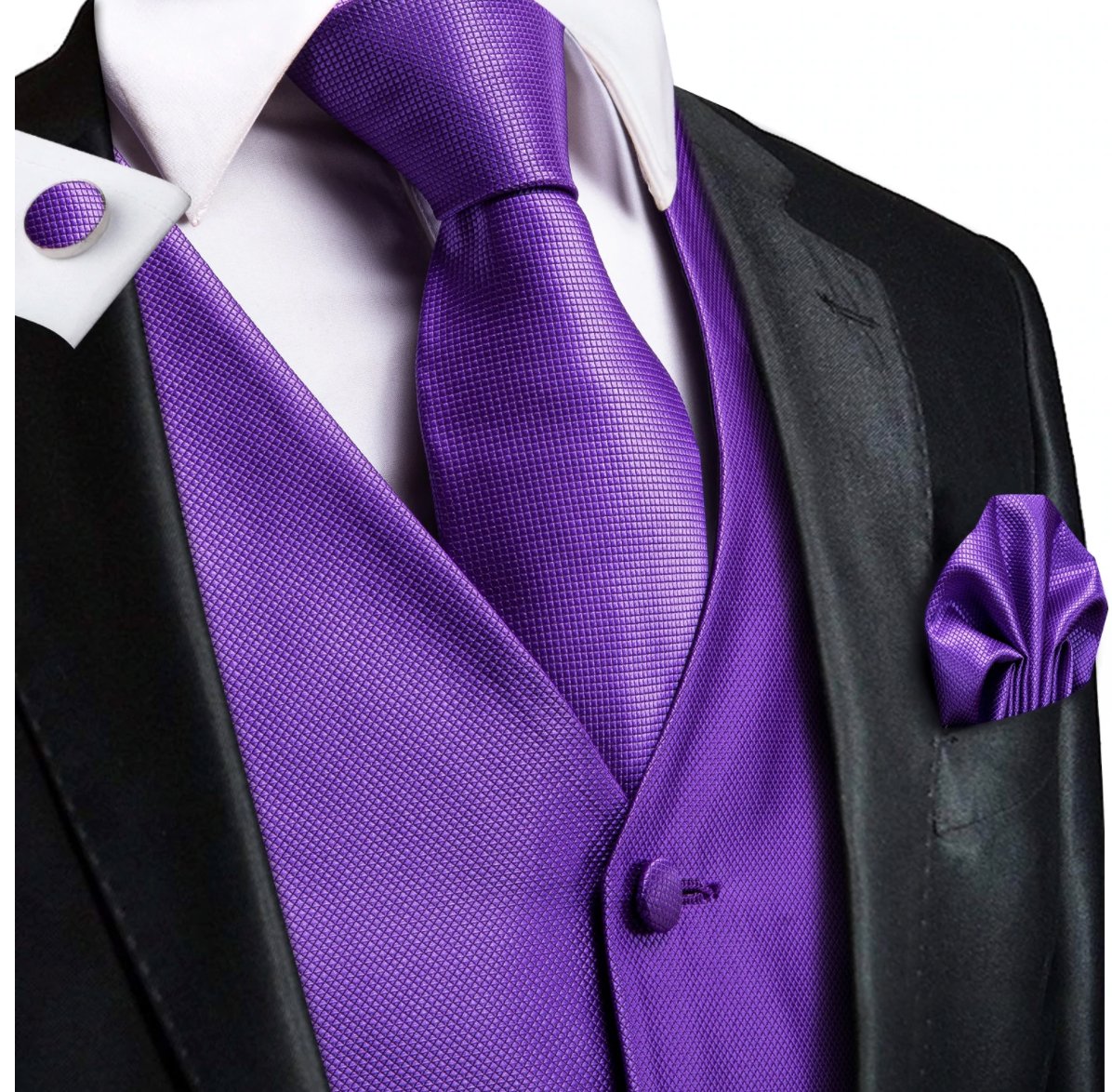 Purple Plaid Silk Paisley Men's 4pc Waistcoat Vest Necktie Pocket Square Cufflinks Set- MJ-2032 - SimonVon Shop