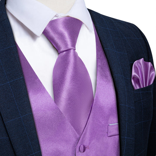 Purple Solid Satin Waistcoat Vest Tie Handkerchief Cufflinks Set - MJ - 0630 - SimonVon Shop