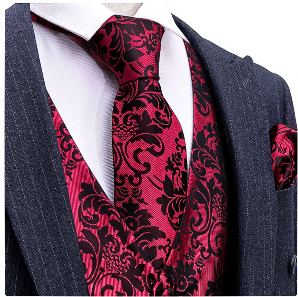 Red And Black Floral Silk 4pc Waistcoat Vest Necktie Pocket Square Cufflinks Set- MJ-2034 - SimonVon Shop