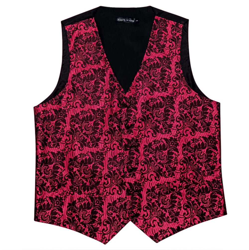 Red And Black Floral Silk 4pc Waistcoat Vest Necktie Pocket Square Cufflinks Set - MJ - 2034 - SimonVon Shop