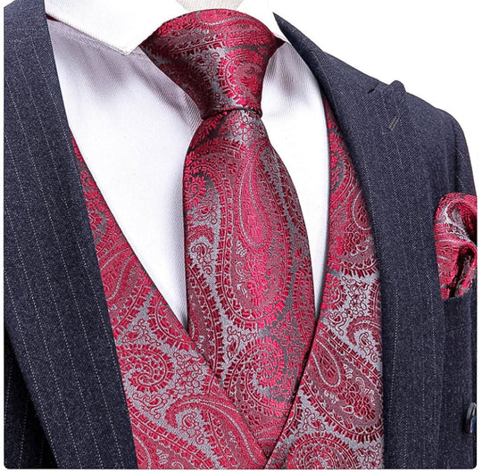 Red And Grey Floral Silk 4pc Waistcoat Vest Necktie Pocket Square Cufflinks Set - MJ - 2043 - SimonVon Shop