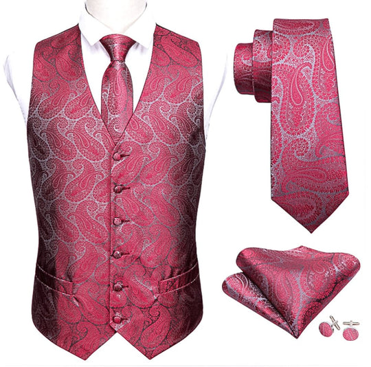 Red And Grey Floral Silk 4pc Waistcoat Vest Necktie Pocket Square Cufflinks Set - MJ - 2043 - SimonVon Shop